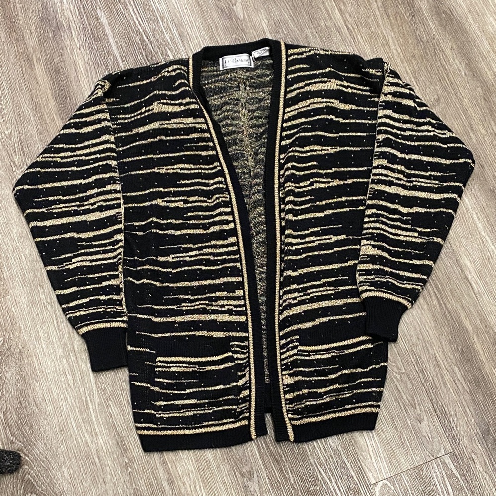 Vintage 90s JJ Browne cardigan grandpa sweater black gold metallic stripes large